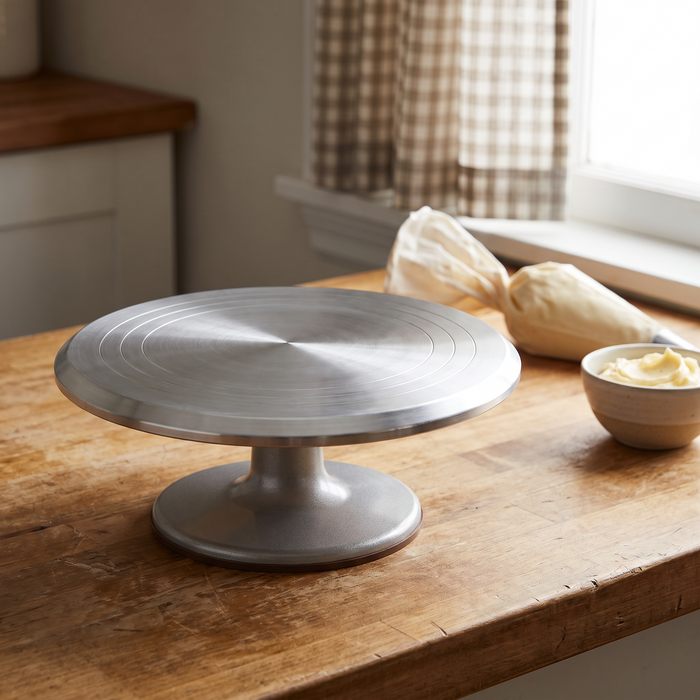 Plateau tournant patisserie, surface lisse en aluminium, table en bois